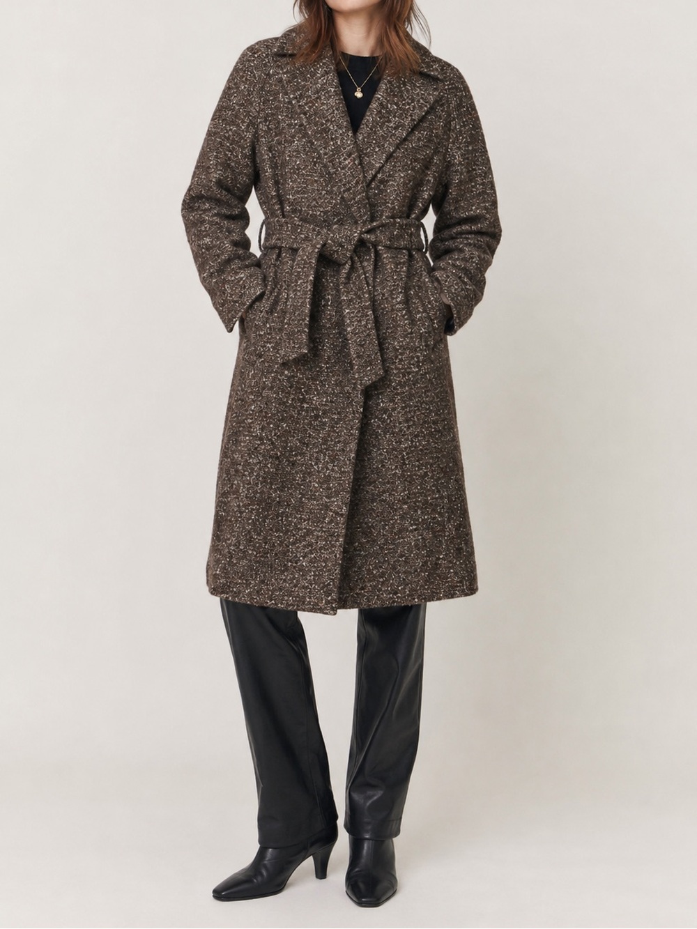 Wool-Blend Belted Wrap Coat in Brown